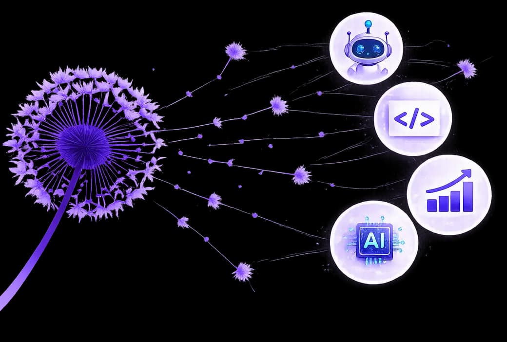DandelIA dandelion spreading seeds with technology icons